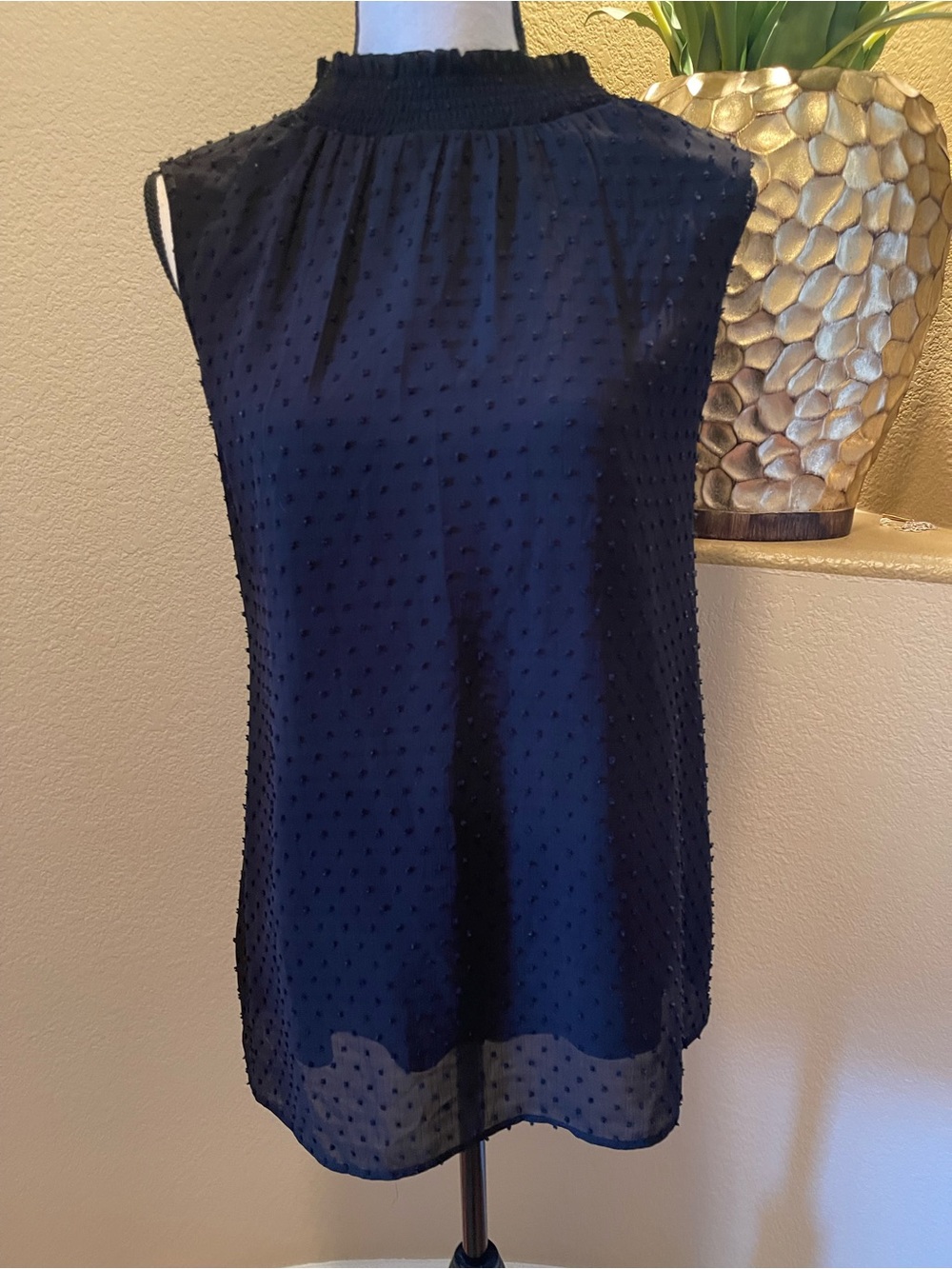 DR2 Black Swiss Dot Sleeveless Mock Neck Top